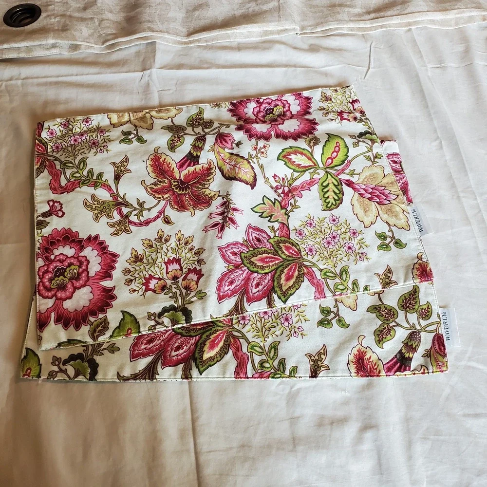 Waverly Reversible Floral Striped Placemats Set of 2 Pink Green Gold Cotton